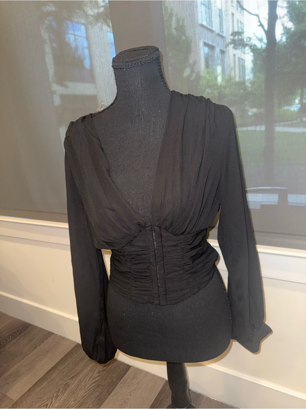 Fashion Nova Black Ruched V-Neck Long Sleeve Blouse